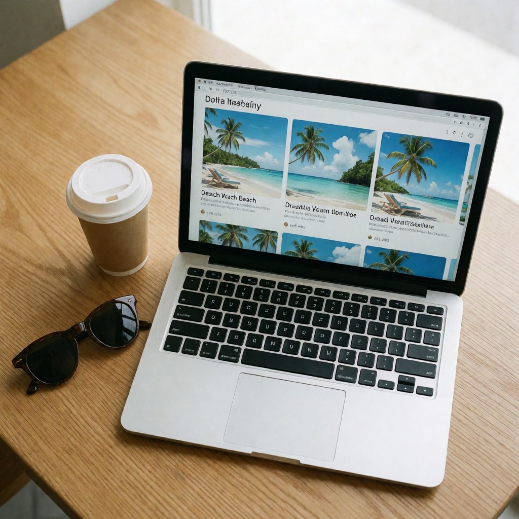 Un ordinateur portable affichant un itinéraire de plage tropicale, accompagné d'une tasse de café et de lunettes de soleil sur une table en bois.