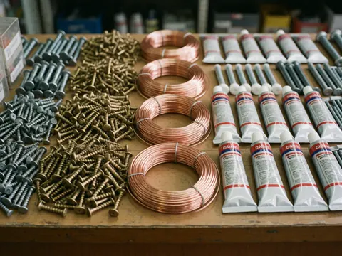 Vue rapprochée de divers matériaux de quincaillerie soigneusement rangés, incluant visiblement des outils, des vis, du fil métallique et des adhésifs sur un comptoir.