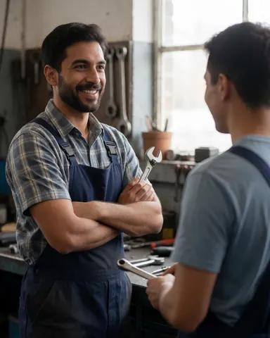 Un technicien souriant tient une clé en main tandis qu'il discute avec un collègue dans un atelier de réparation rempli d'outils et de fenêtres.