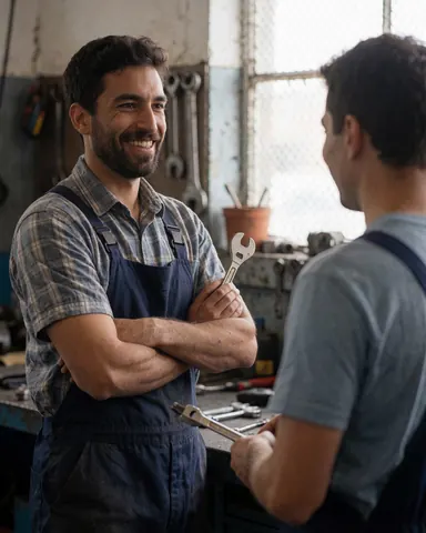 Un technicien souriant tient une clé en main tandis qu'il discute avec un collègue dans un atelier de réparation rempli d'outils et de fenêtres.