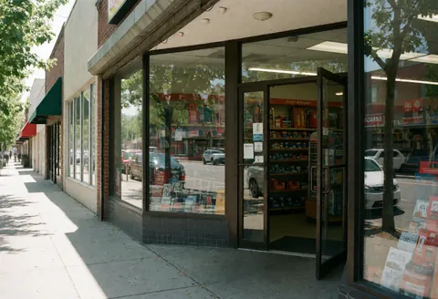 Façade d'une quincaillerie avec portes vitrées ouvertes, révélant des étagères remplies de produits et des reflets de la rue et des arbres sur la vitrine.