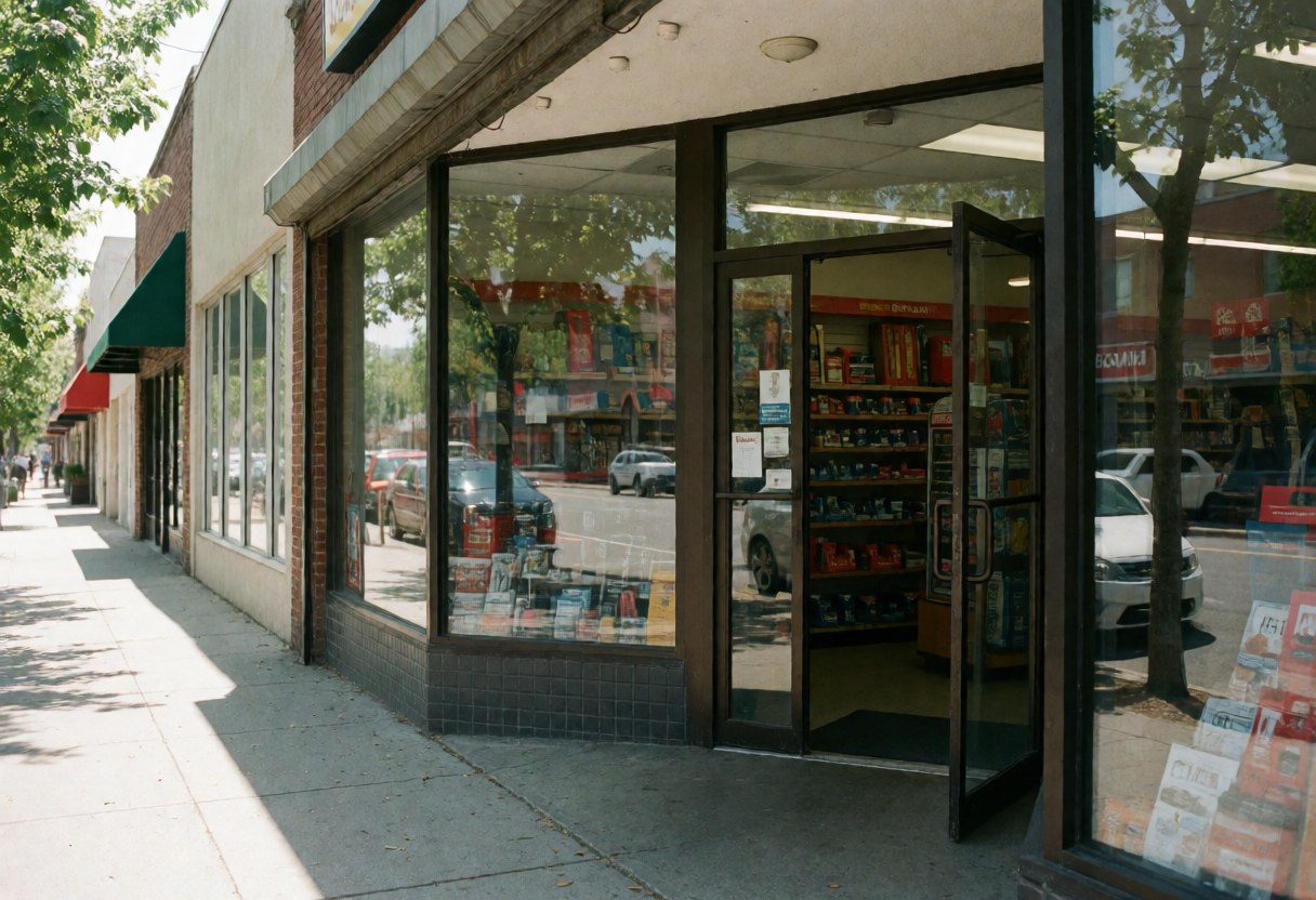Façade d'une quincaillerie avec portes vitrées ouvertes, révélant des étagères remplies de produits et des reflets de la rue et des arbres sur la vitrine.