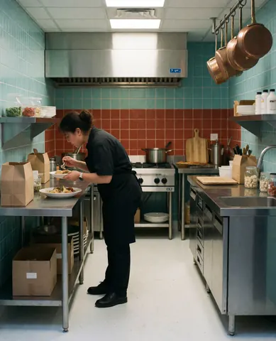 Un client satisfait savoure son repas dans un cadre de restauration, illustrant la qualité du service et l'expérience culinaire offerte par l'entreprise de catering.