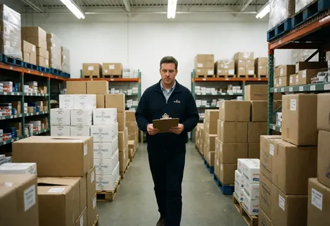 Un manager parcourt un entrepôt de matériaux de plomberie, entouré d'étagères remplies de produits et de cartons empilés sur des palettes.