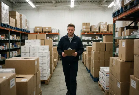 Un manager parcourt un entrepôt de matériaux de plomberie, entouré d'étagères remplies de produits et de cartons empilés sur des palettes.