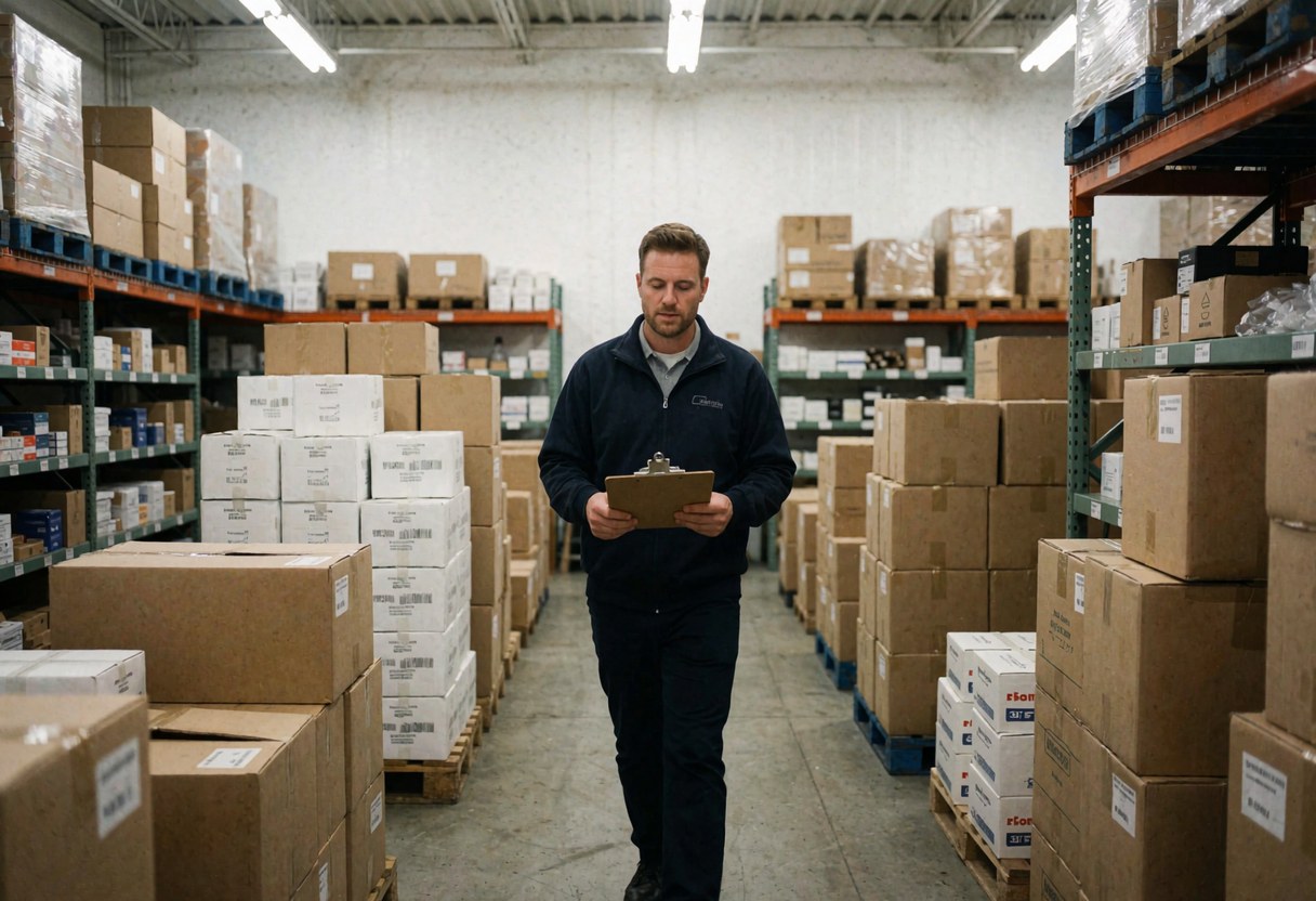 Un manager parcourt un entrepôt de matériaux de plomberie, entouré d'étagères remplies de produits et de cartons empilés sur des palettes.
