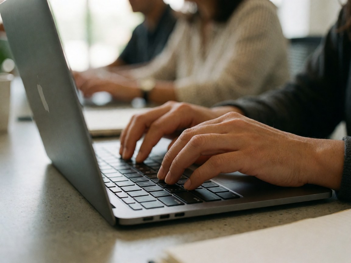 Gros plan sur des mains tapant sur le clavier d'un ordinateur portable posé sur un bureau en bois dans un environnement de travail moderne.