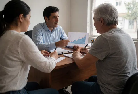 Un conseiller financier explique un graphique de tendances à un client âgé lors d'une consultation en bureau.