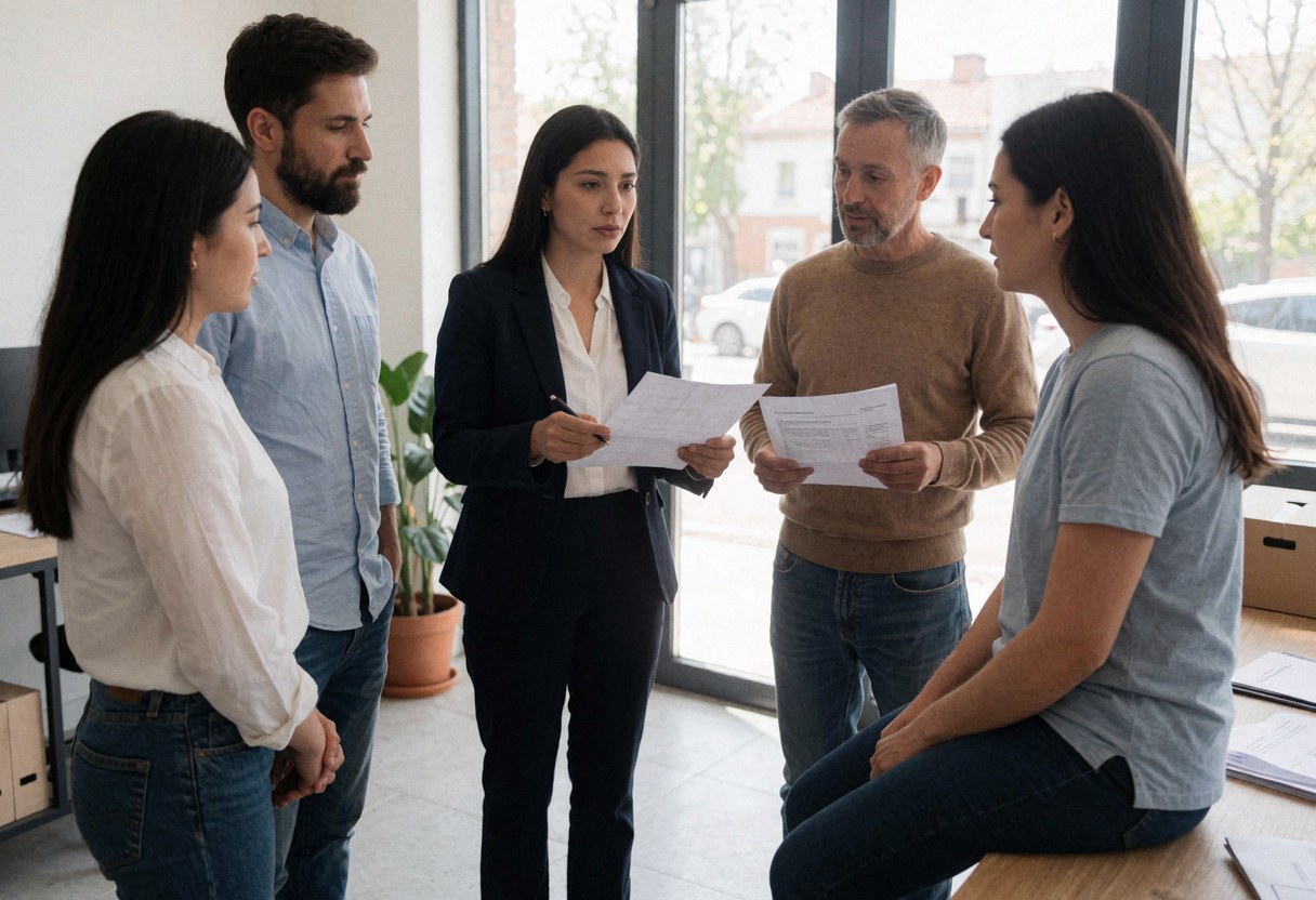 Groupe de personnes lors d'un entretien en bureau moderne, examinant des documents et discutant avec lumière naturelle par les fenêtres.
