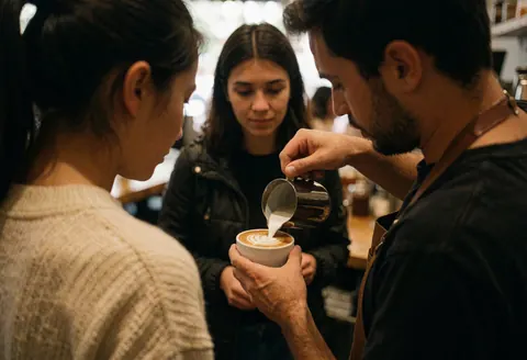 Un barista prépare un café avec soin tandis qu'un client regarde attentivement, créant une ambiance chaleureuse dans un café.