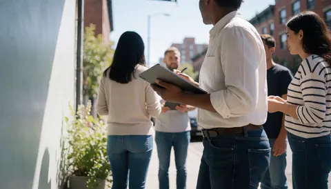 Un planificateur professionnel utilise une tablette sur une rue urbaine ensoleillée, entouré de passants, évoquant un cadre réaliste pour des événements et mariages.