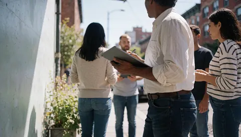 Un planificateur professionnel utilise une tablette sur une rue urbaine ensoleillée, entouré de passants, évoquant un cadre réaliste pour des événements et mariages.