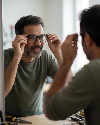 Un homme souriant ajuste ses nouvelles lunettes devant un miroir dans un environnement intérieur bien éclairé.