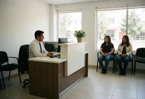 Réception moderne où un employé est assis au bureau tandis que deux clients attendent sur des chaises, dans un espace lumineux aux grandes fenêtres.