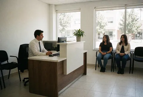 Réception moderne où un employé est assis au bureau tandis que deux clients attendent sur des chaises, dans un espace lumineux aux grandes fenêtres.