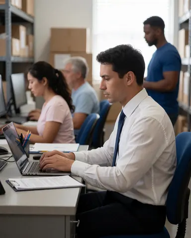 Un coordinateur logistique utilise un ordinateur portable dans un bureau d'entrepôt avec des employés et des cartons en arrière-plan.