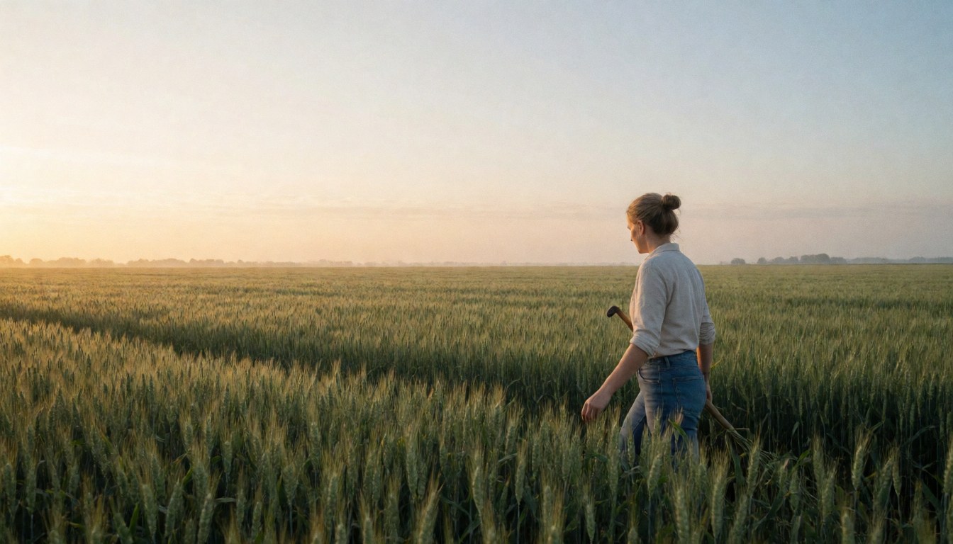 Un champ de blé s'étendant à l'horizon sous la lumière douce du lever de soleil, évoquant la nature et l'agriculture.