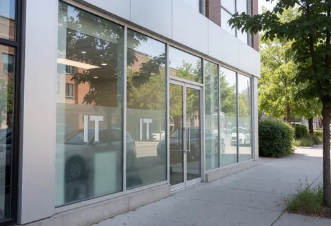Façade d'un bureau de support informatique avec de grandes baies vitrées, des portes en verre, des arbres sur le trottoir, une lumière naturelle et un aspect propre.