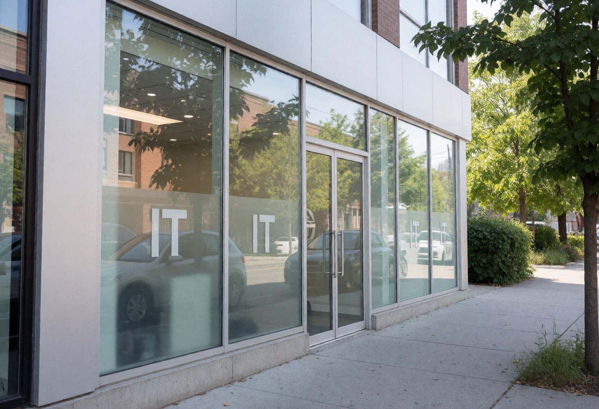 Façade d'un bureau de support informatique avec de grandes baies vitrées, des portes en verre, des arbres sur le trottoir, une lumière naturelle et un aspect propre.