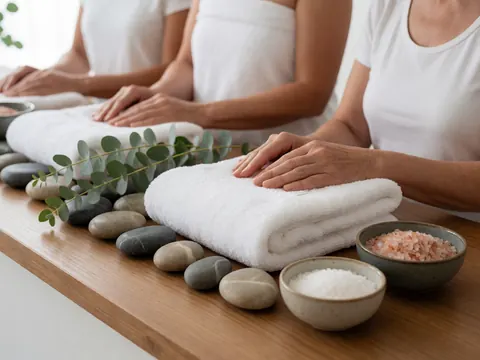 Outillage de spa en bois disposé sur une table : serviettes blanches, pierres lisses, branches d'eucalyptus et bols de sels. Ambiance propre et relaxante.