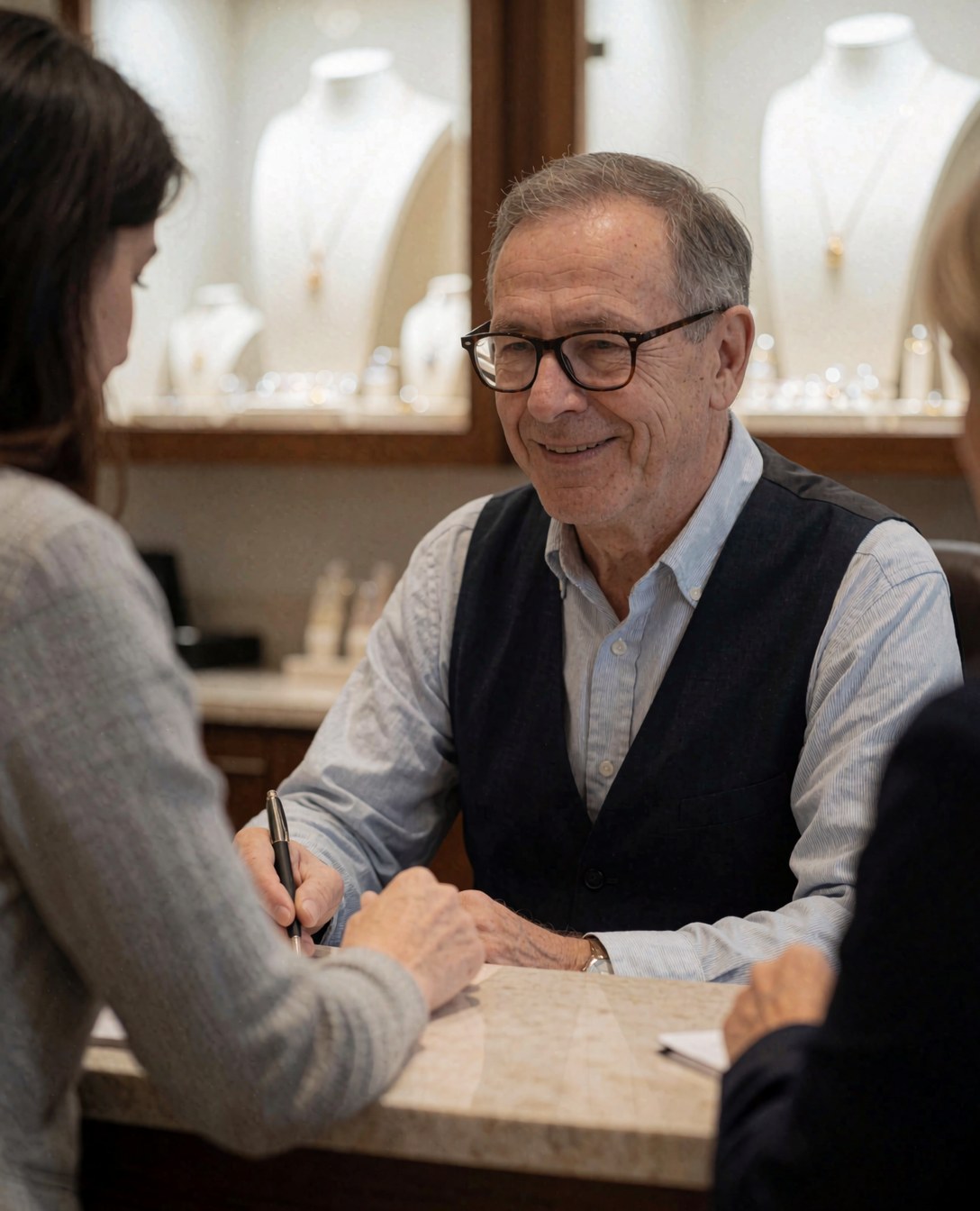 Vendeur souriant accueille un client dans la réception d'une bijouterie avec mannequins et bijoux en arrière-plan.