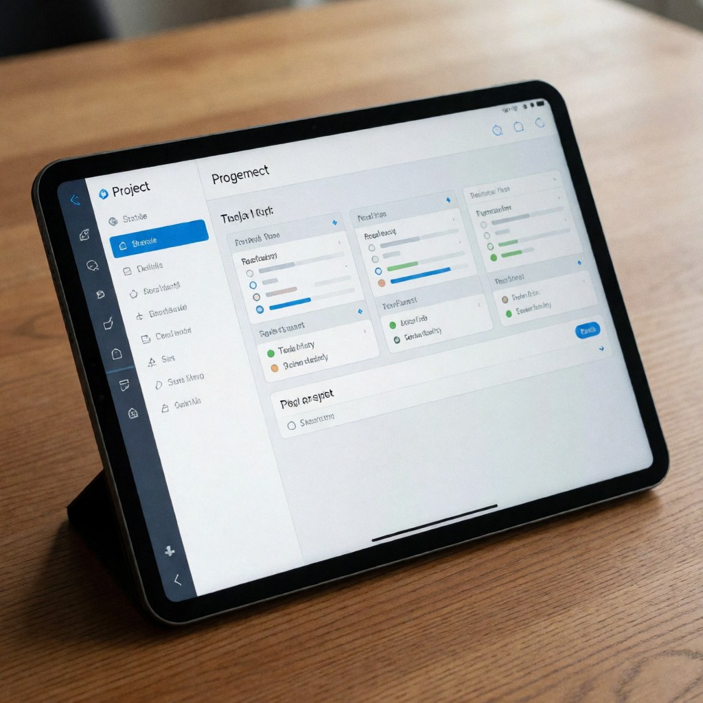 Des mains manipulant une tablette affichant une interface de gestion de projets pour suivre les tâches et le progrès dans un contexte professionnel moderne.