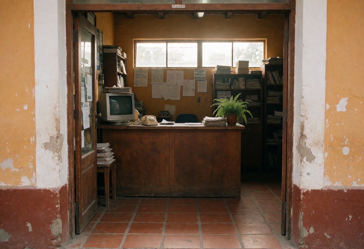 Vue d'un comptoir d'accueil d'agence de voyage, équipé d'un ordinateur, d'une plante verte, de livres et de papier, dans un intérieur lumineux aux tons chauds.