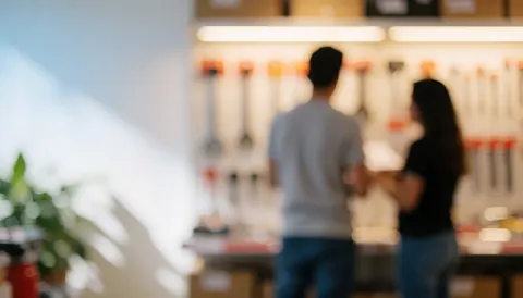 Arrière-plan flou d'un magasin d'outillages montrant deux personnes de dos, éclairage chaleureux et espace vide à gauche pour ajouter du texte.