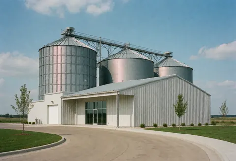 Entrepôt moderne de grains avec des silos métalliques sous un ciel bleu, une route courbe et peu de végétation.