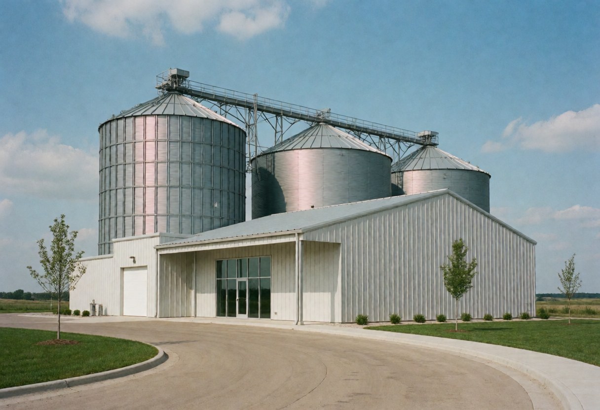 Entrepôt moderne de grains avec des silos métalliques sous un ciel bleu, une route courbe et peu de végétation.