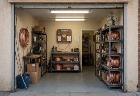 Vue extérieure d'un bureau de climatisation montrant des tuyaux en cuivre, des étagères métalliques, un ventilateur vintage et un manuel accroché au mur.