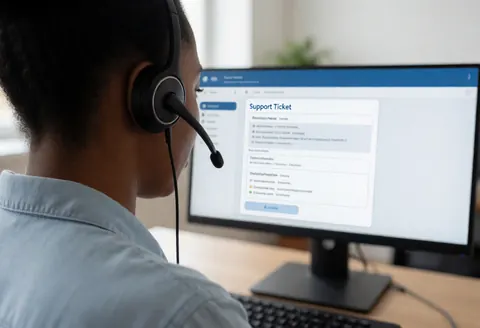 Une femme portant une chemise bleu clair travaille sur un ordinateur avec une interface de support dans un bureau éclairé par la lumière naturelle.