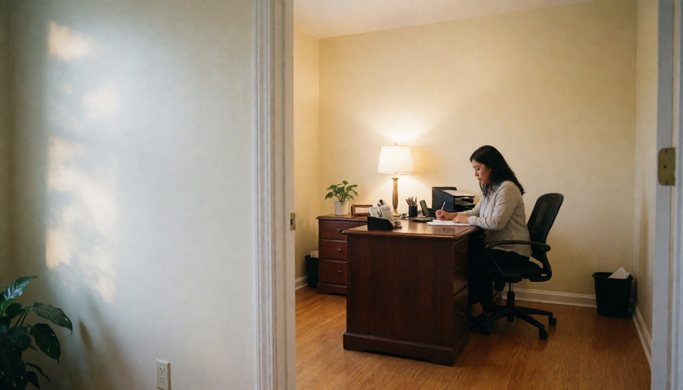 Une avocate est assise à son bureau en bois, concentrée sur son travail dans un environnement professionnel calme et bien éclairé.