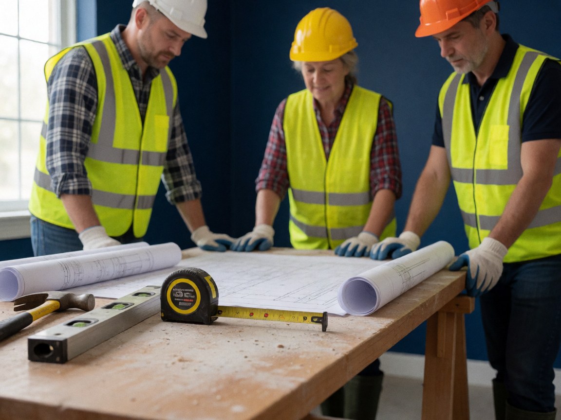 Trois ouvriers en casques et gilets inspectent des plans sur une table avec outils, fond bleu et lumière naturelle.