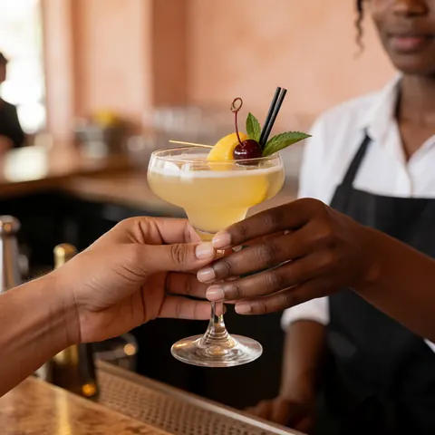 Une main tient une coupe de cocktail garnie de fruits et d'une feuille, sur fond flou avec éclairage chaud.