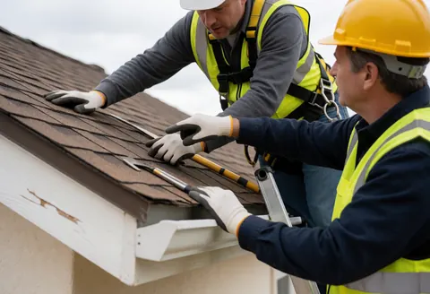 Un ouvrier effectuant des travaux de réparation sur un toit, équipé d'un casque de sécurité et de gants pour assurer sa protection.
