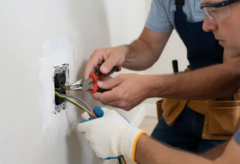 Électricien portant gants et lunettes de sécurité connectant des câbles sur une prise murale récemment peinte, avec des outils à la ceinture, scène professionnelle et propre.