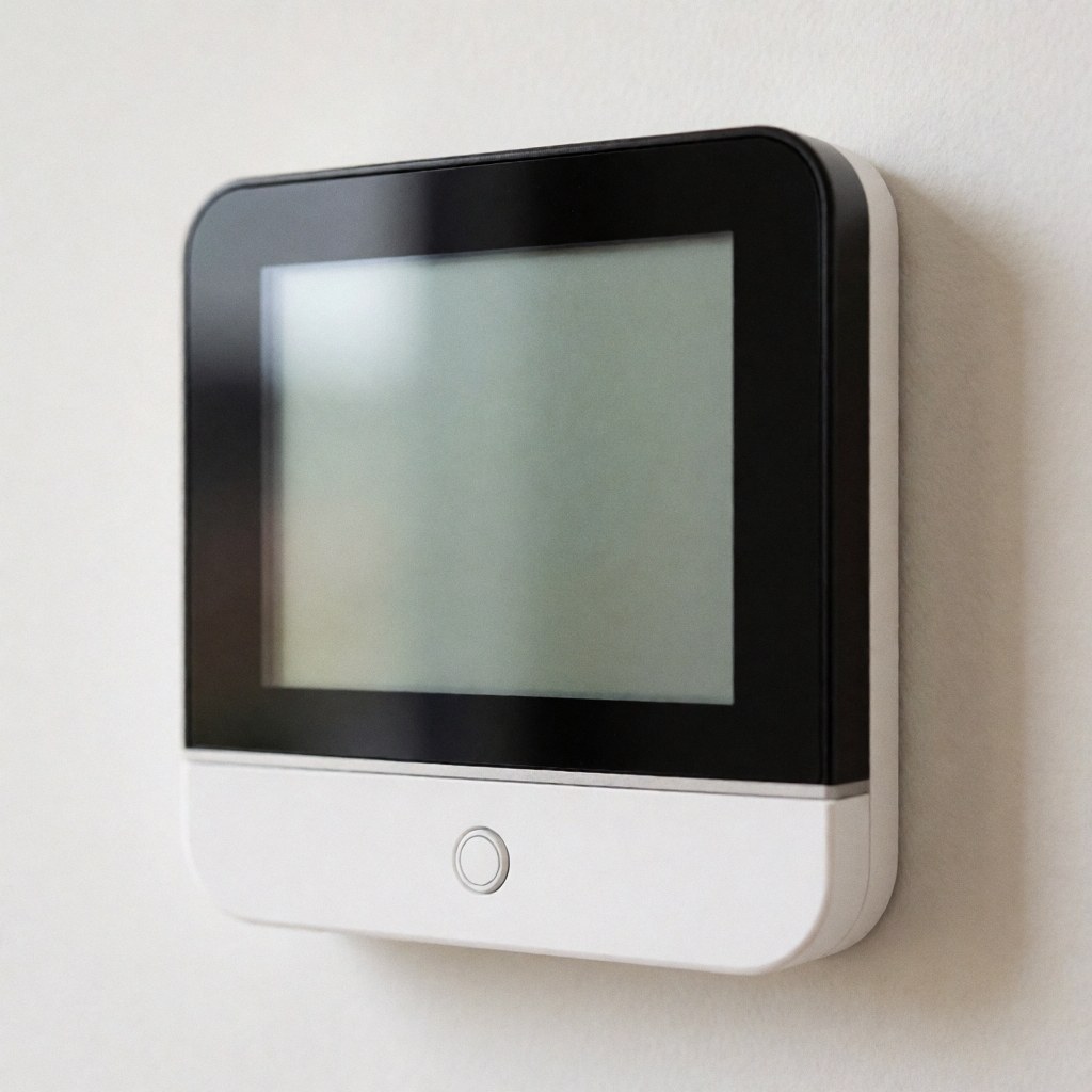 Un thermostat connecté moderne avec écran numérique affiché sur un mur blanc uni, illustrant la domotique et le contrôle du climat intérieur.