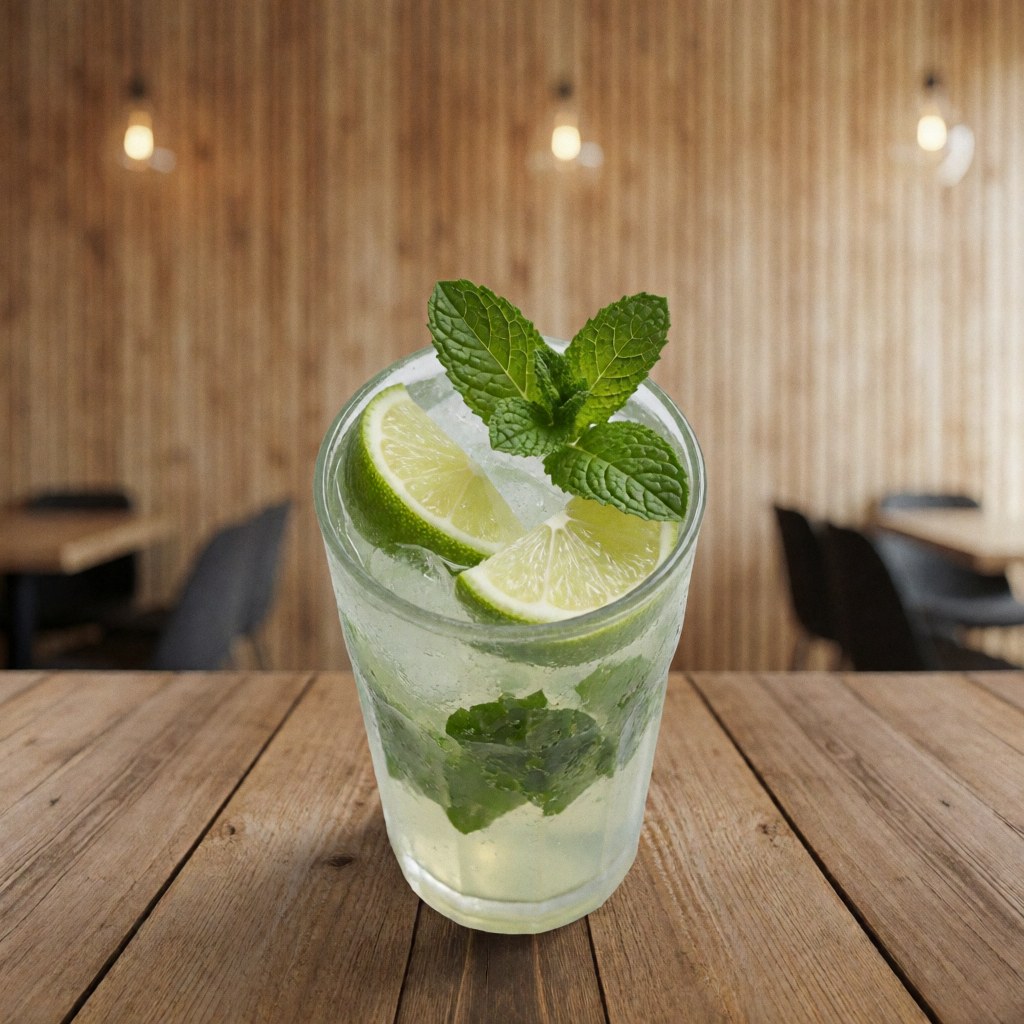Mojito rafraîchissant avec des tranches de lime et des feuilles de menta dans un grand verre posé sur une table en bois rustique, avec un mur de planches et un éclairage chaleureux en arrière-plan.