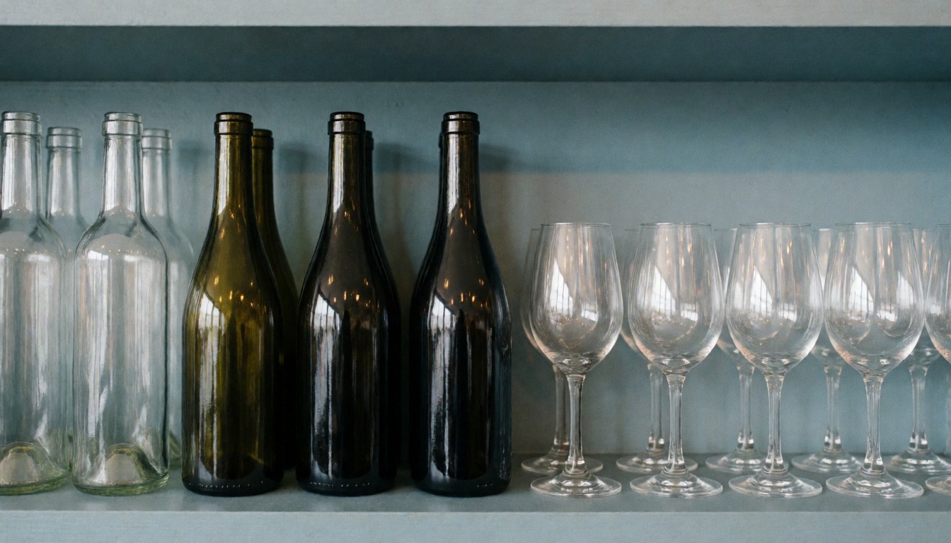 Fond de bar avec des bouteilles et des verres à vin sur une étagère, tons bleus et gris, ambiance sereine, idéal pour texte publicitaire.