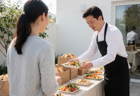 Un serveur présente des plats sur une table en plein air devant une cliente lors d'un événement organisé avec soin.