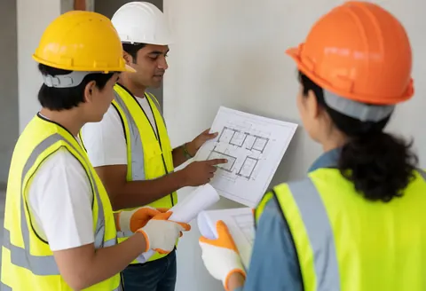 Un architecte et deux constructeurs examinent des plans de maison sur un chantier à Lima. Ils portent casques, gilets et gants de sécurité.