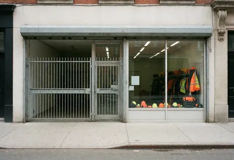 Façade d'un magasin de matériaux de construction avec une grille métallique et une fenêtre exposant casques et gilets de sécurité. Sol propre et lumière naturelle neutre.
