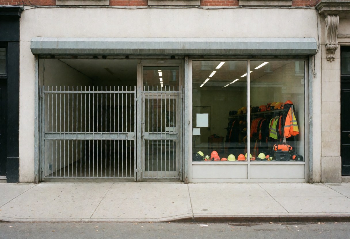 Façade d'un magasin de matériaux de construction avec une grille métallique et une fenêtre exposant casques et gilets de sécurité. Sol propre et lumière naturelle neutre.