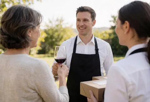 Un professionnel du catering sert du vin à un client lors d'une réception extérieure dans une ambiance détendue.