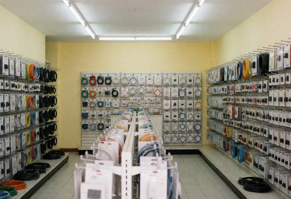 Interieur d'un magasin d'electricite avec des etageres remplies de cables, interrupteurs et autres produits electriques. Les murs sont peints en jaune clair et l'eclairage est fluorescent.