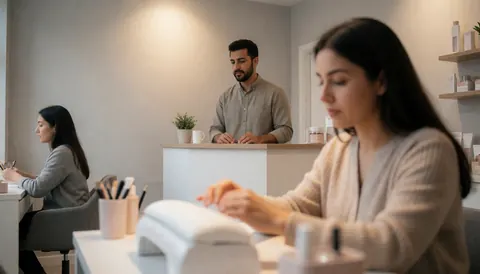Vue intérieure d'un salon de beauté calme et professionnel. Une cliente au premier plan et une esthéticienne en arrière-plan, sur fond de murs gris et de lumière chaude.