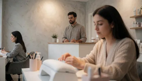 Vue intérieure d'un salon de beauté calme et professionnel. Une cliente au premier plan et une esthéticienne en arrière-plan, sur fond de murs gris et de lumière chaude.