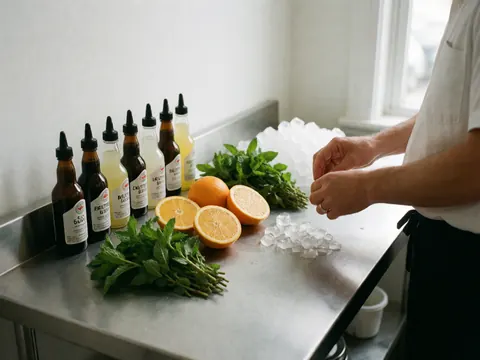 Cocktail préparé avec des oranges, de la menthe, du glaçons et des bitters sur un plan de travail en acier inoxydable sous lumière naturelle.