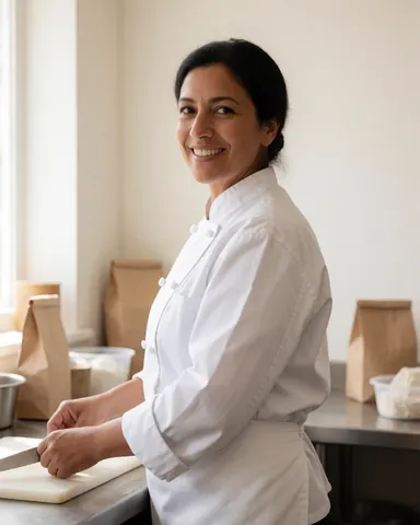 Une chef cuisinière sourit tout en tranchant des ingrédients sur une planche blanche dans une cuisine aux murs blancs, créant une ambiance propre et réaliste.